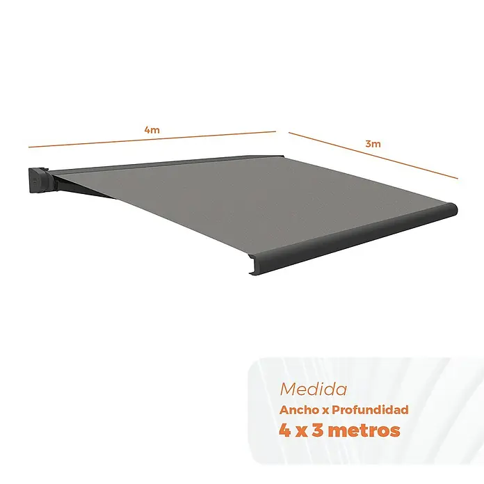 SmartSun Toldo con motor Capri - Gris piedra, Ancho: 4 m, Caída: 3 m - Imagen de un toldo retráctil en gris con dimensiones de 4 x 3 metros, perfecto para usar en terrazas y balcones.