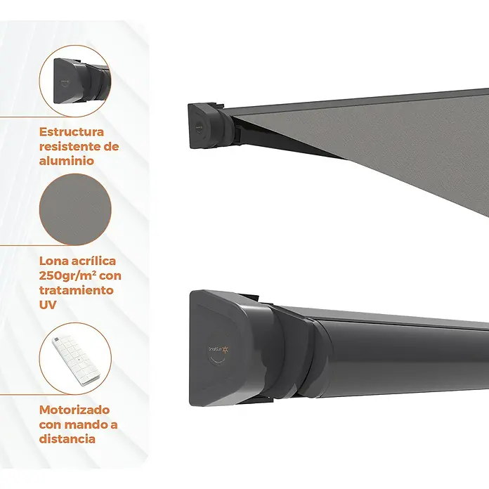 SmartSun Toldo con motor Capri - Gris piedra, Ancho: 4 m, Caída: 3 m - Toldo gris con estructura de aluminio, lona acrílica con tratamiento UV y mando a distancia para operación motorizada.