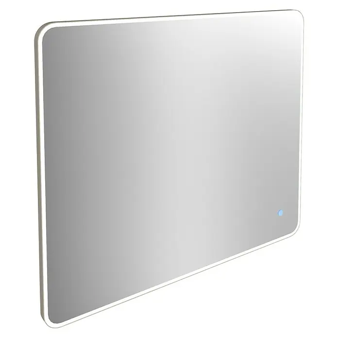 Camargue Lichtspiegel Frame - 80 x 68 cm, Leuchtmittel, Mit abgerundeten Kanten - Hier ist ein rechteckiger LED-beleuchteter Spiegel mit abgerundeten Ecken und einem diskreten blauen Punkt, ideal für moderne Badezimmer.