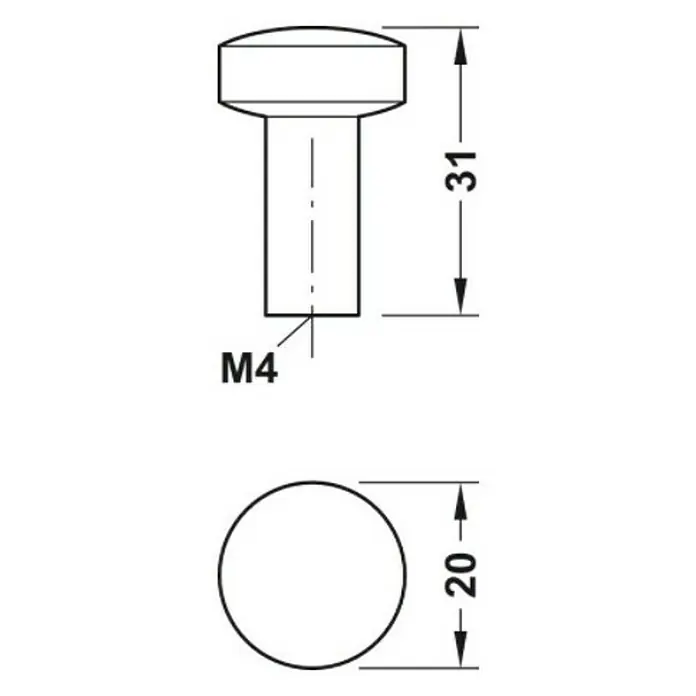 Häfele Pomo para muebles - Tipo de tirador del mueble: Botón, Ø x Al: 20 x 31 mm, Negro - Dibujo técnico de un pomo de mueble con dimensiones.