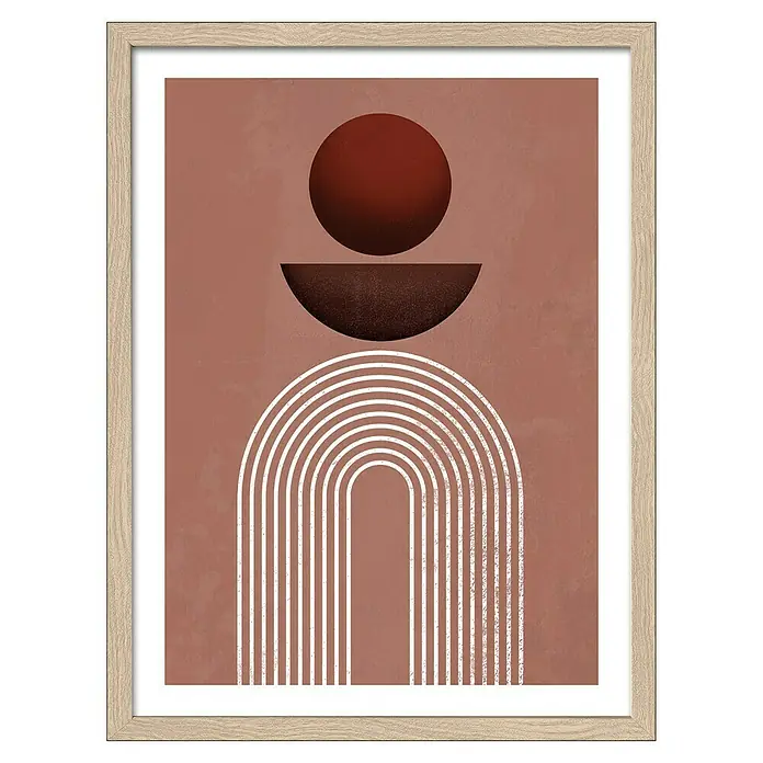 ProArt Bild Slim Scandic - Shapes of the Earth II, B x H: 33 x 43 cm - Gerahmtes Kunstwerk mit abstrakten Formen: Kreis, Halbkreis und Bogen in Braun- und Weißtönen, das eine moderne Ästhetik verleiht.