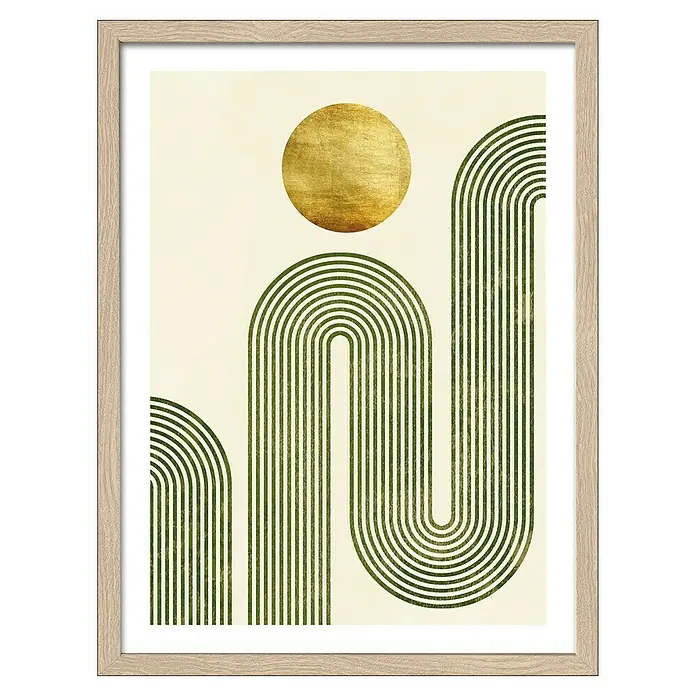 ProArt Bild Slim Scandic - Shapes of the Earth IV, B x H: 33 x 43 cm - Gerahmtes geometrisches Kunstwerk mit goldenem Kreis und grünen Bögen. Modernes Design für Wanddekoration und stilvolle Akzente.