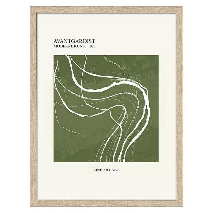 ProArt Bild Slim Scandic - Shapes of Earth V, B x H: 33 x 43 cm - Gerahmtes Poster aus hellem Holz mit weißen abstrakten Linien auf Grün und Text „AVANTGARDIST MODERNE KUNST 1925“.