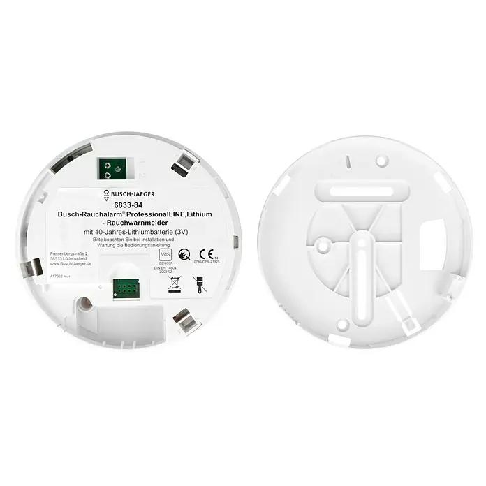 Busch-Jaeger Rauchwarnmelder - 12 cm, Batterielaufzeit: 10 Jahre, 85 dB - Rückansicht eines Busch-Jaeger Rauchmelders 6833-84 ProfessionalLINE, Lithium, der eine 10-Jahres-Lithiumbatterie (3V) enthält.