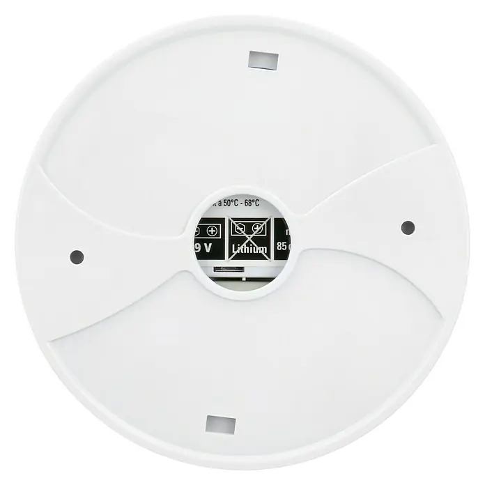 Hitzealarm - 85 dB - Nahaufnahme der Unterseite eines weißen Rauchmelders mit Batteriehinweisen.