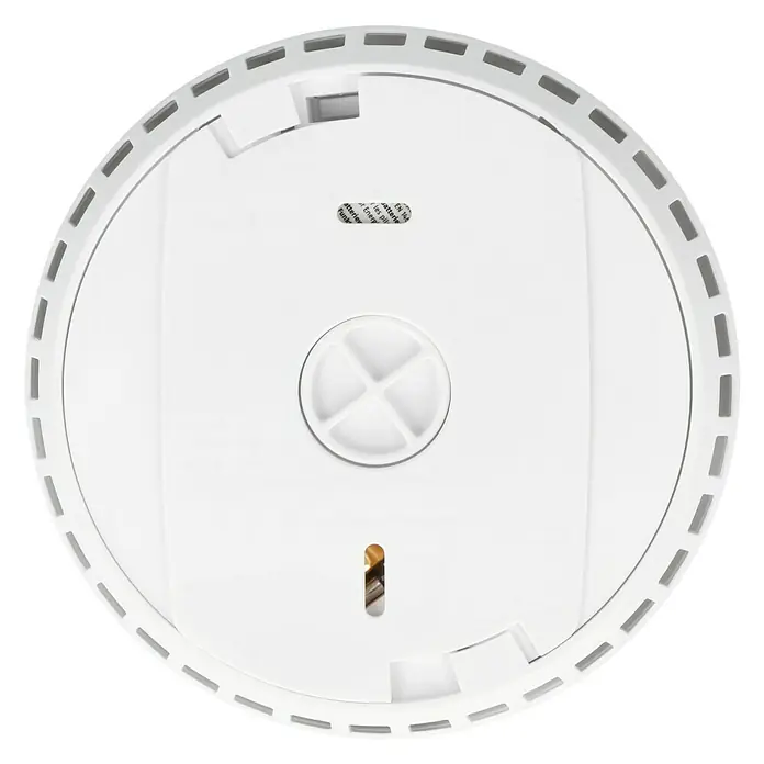 Abus Smartvest Funkrauchwarnmelder FURM35000A - Weiß - Nahaufnahme einer weißen Rauchmelder-Unterseite mit Batteriefach und Montagevorrichtung.