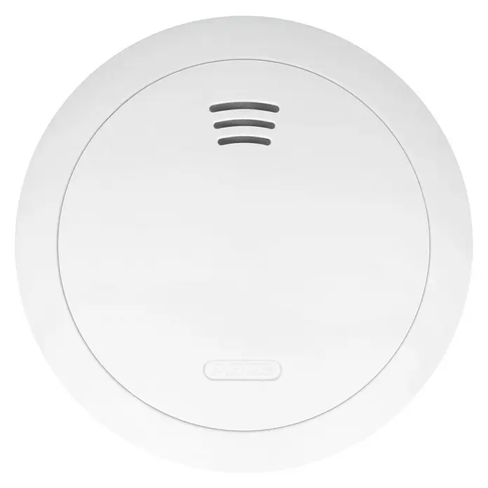 Abus Smartvest Funkrauchwarnmelder FURM35000A - Weiß - Ein runder, weißer Rauchmelder mit Schlitzen und einem kleinen "Acoustic"-Schriftzug. Sorgt für Sicherheit im Haus.