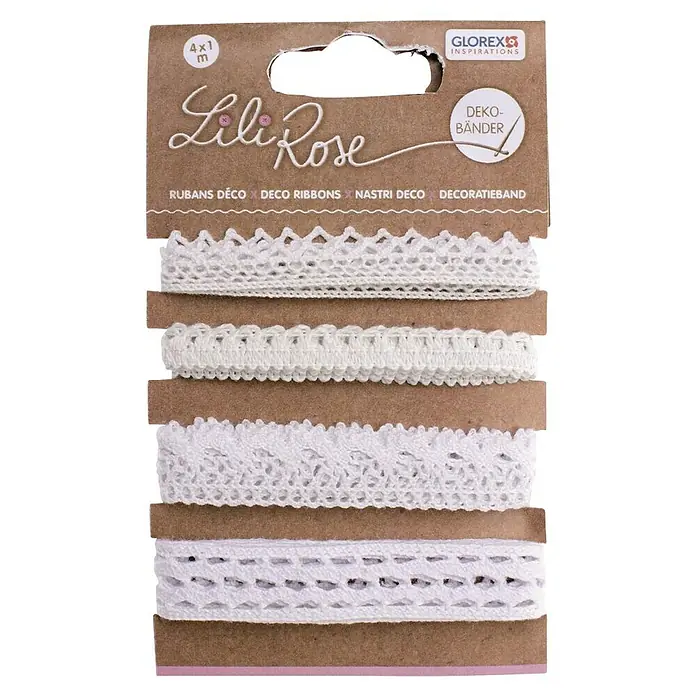 Glorex Bastelband mit Spitzen - 4 -tlg., Weiß, 100 cm - Packung Lili Rose Deko-Bänder. Enthält vier verschiedene weiße Spitzenbänder auf Karton für Dekorationszwecke, ideal für Bastelprojekte.
