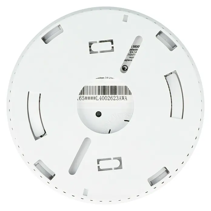 Abus Funkrauchwarnmelder RWM 165 - Durchmesser: 10 cm, Batterielaufzeit: 10 Jahre, Alarmsignal: 85 dB - Rauchmelderuntersicht mit Details wie Modellnummer (L4002623AWA) und Herstellungsdatum (04/202.).