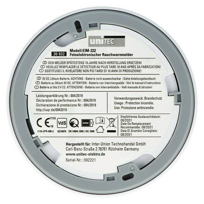 UniTEC Rauchwarnmelder DesignDurchmesser: 12,5 cm, Höhe: 2,5 mm, Batterielaufzeit: 10 Jahre, Alarmsignal: 85 dB, Weiß Back View