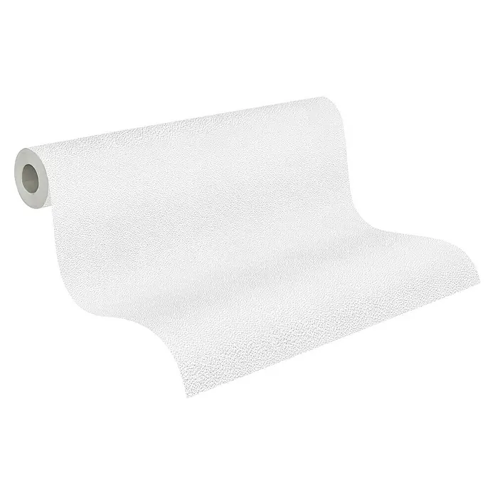 Atlantis Design Vliestapete Sprenkelputz - Weiß, Uni, 10,05 x 0,53 m - Nahaufnahme einer Rolle weißer Tapete mit strukturierter Oberfläche, die teilweise abgerollt ist.