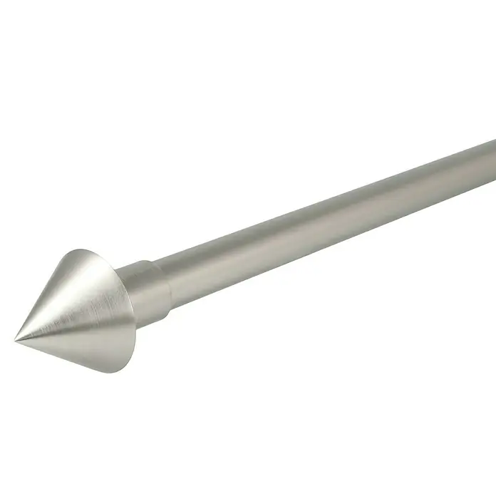 Expo Ambiente Endstück Cone-Classic - Edelstahloptik, 20 mm - Nahaufnahme einer silberfarbenen Gardinenstange mit kegelförmigem Endstück. Elegantes Design für die Fensterdekoration im modernen Wohnbereich.