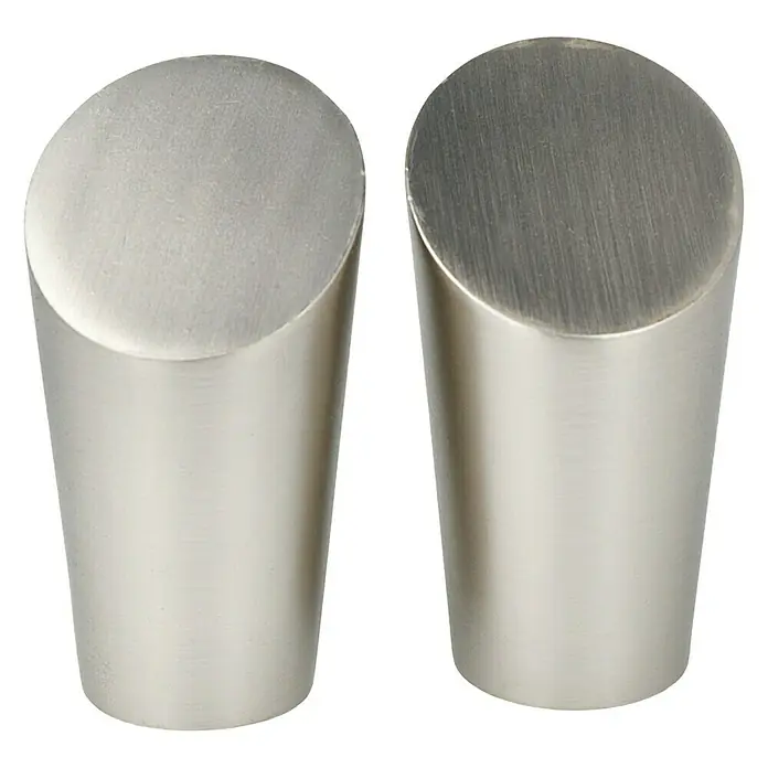 Expo Ambiente Endstück Rag - Edelstahloptik, Geeignet für: Gardinenstangen Ø 20 mm, 2 Stk. - Zwei moderne, silberne Möbelknöpfe mit abgerundeter Form, ideal für ein stilvolles Zuhause. Die Knöpfe sind aus gebürstetem Metall gefertigt.