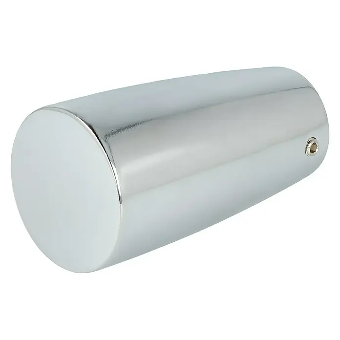 Expo Ambiente Endstück Noble - Chrom, Geeignet für: Gardinenstangen Ø 20 mm - Nahaufnahme eines glänzenden, verchromten Zylinders mit einer kleinen Schraube an der Seite, ideal für Möbel oder Geräte.