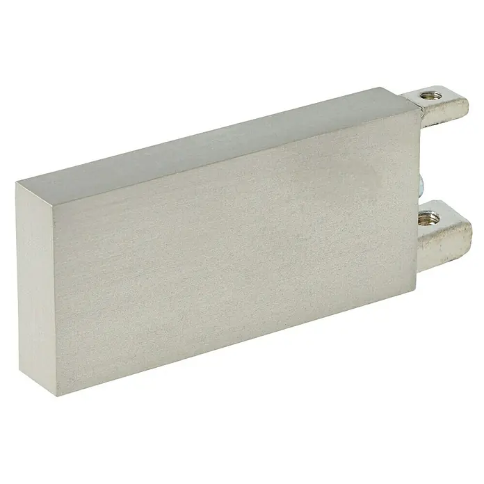 Expo Ambiente Endstück Long - Edelstahloptik, Geeignet für: 32 x 11 mm Profil - Nahaufnahme eines elektronischen Bauteils, möglicherweise ein Widerstand oder ein Kondensator, mit silberfarbenem Gehäuse und Anschlüssen.