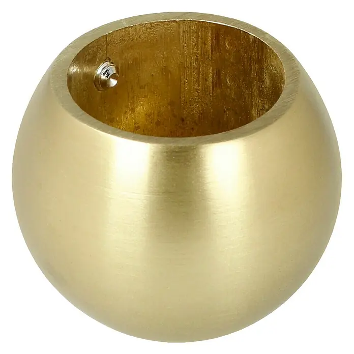 Expo Ambiente Endstück Ball - Messingoptik matt, Geeignet für: Gardinenstangen Ø 25 mm - Ein goldener Kugel-Rohrverbinder mit einer Öffnung und einer Madenschraube, ideal für Möbelbau oder als dekoratives Element.