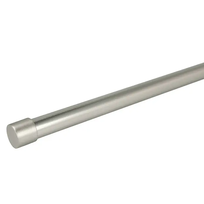 Expo Ambiente Endstück Cap - Edelstahloptik, Geeignet für: Gardinenstangen Ø 20 mm, 2 Stk. - Nahaufnahme einer Gardinenstange aus Metall mit Endstück auf schwarzem Hintergrund.