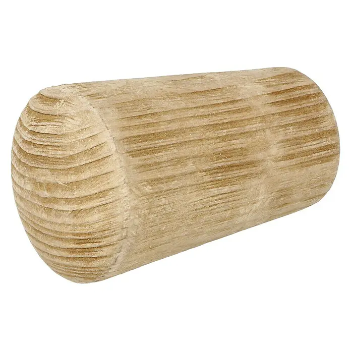 Expo Ambiente Endstück Noble - Eiche, Geeignet für: Gardinenstangen Ø 28 mm - Nahaufnahme eines Holzdübels mit abgerundeten Enden und deutlicher Holzstruktur. Perfekt für Möbelbau und Holzverbindungen.
