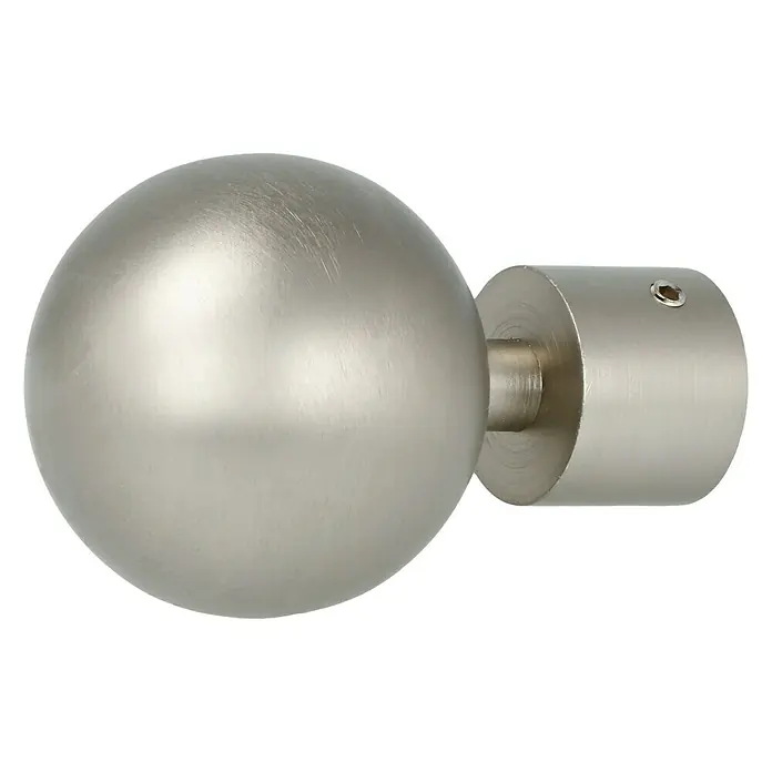 Expo Ambiente Endstück Ball-Classic - Edelstahloptik, 20 mm - Nahaufnahme einer silberfarbenen Gardinenstangen-Endstückkugel mit Halterung, die eine elegante und moderne Note für jede Fensterdekoration bietet.