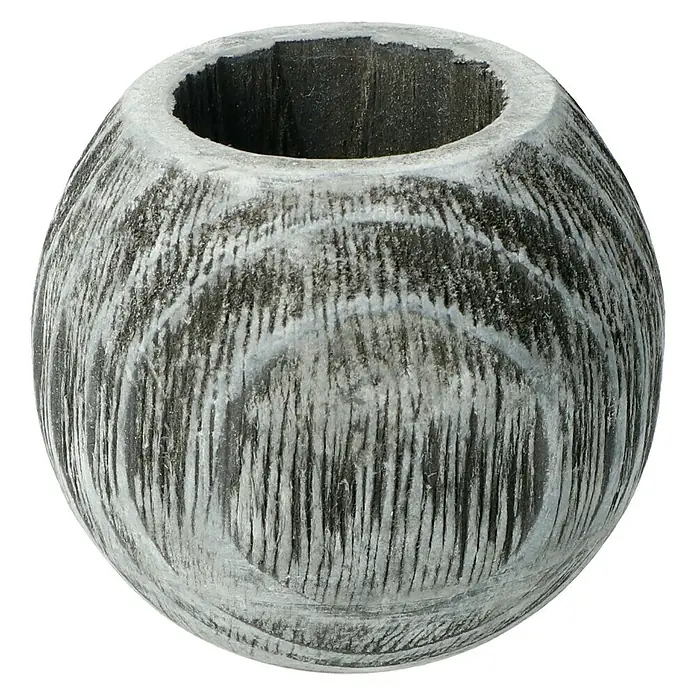 Expo Ambiente Endstück Ball - Grau, Geeignet für: Gardinenstangen Ø 28 mm - Graue, kugelförmige Vase mit Öffnung oben, ideal für Dekorationen. Die Vase hat eine raue, holzähnliche Textur und ist ein stilvolles Wohnaccessoire.
