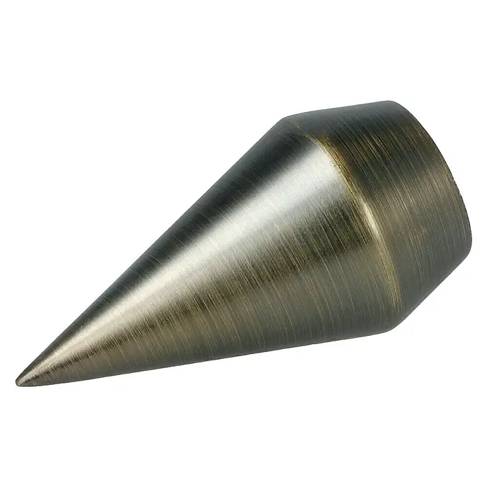Expo Ambiente Endstück Point - Brüniert, Geeignet für: Gardinenstangen Ø 20 mm, 2 Stk. - Nahaufnahme eines dekorativen, kegelförmigen Zierelements aus gebürstetem Metall mit einem dunklen Finish auf schwarzem Hintergrund.