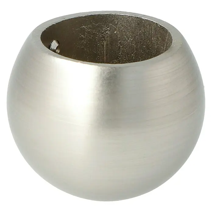 Expo Ambiente Endstück Ball - Edelstahloptik, Durchmesser: 40 mm - Nahaufnahme einer runden, hohlen Gardinenstangenhalterung aus gebürstetem Metall.