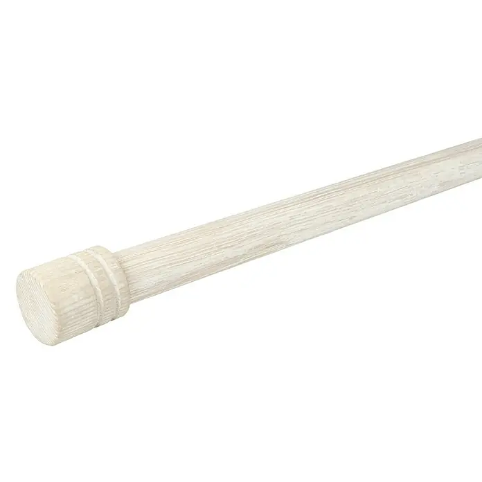 Expo Ambiente Endstück Rill-Cap - 2 Stk., Esche Gekalkt, Geeignet für: Gardinenstangen Ø 28 mm - Ein weißer Holzstab mit geriffeltem Ende, ideal für Bastelprojekte oder als dekoratives Element, präsentiert eine rustikale Textur und natürliche Optik.