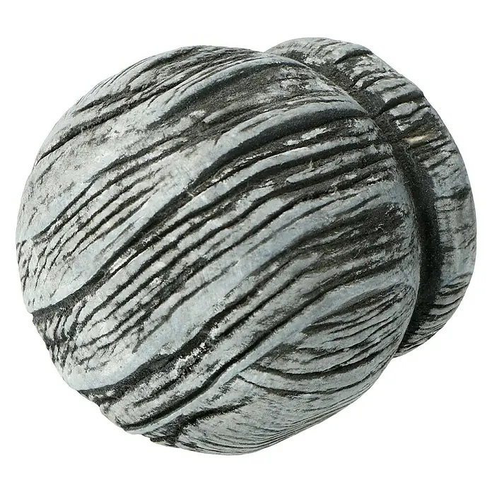 Expo Ambiente Endstück Rill-Ball - 2 Stk., Grau, Geeignet für: Gardinenstangen Ø 28 mm - Detailaufnahme einer dekorativen, grau-schwarzen Kugel mit rillenartiger Struktur, die ein interessantes Muster zeigt.