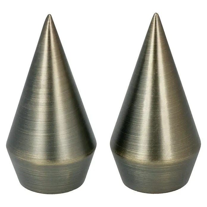 Expo Ambiente Endstück Point - Brüniert, Geeignet für: Gardinenstangen Ø 20 mm, 2 Stk. - Zwei bronzefarbene Metallspitzen, ideal als dekorative Akzente oder zur Verwendung in kreativen Projekten, auf schwarzem Hintergrund.