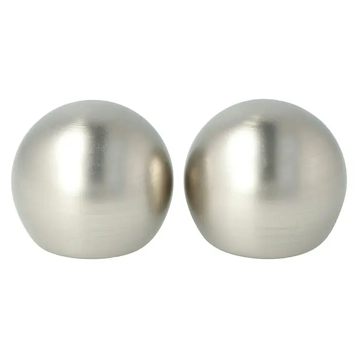 Expo Ambiente Endstück Ball - Edelstahloptik, Durchmesser: 40 mm - Zwei silberne Kugeln nebeneinander, die das Licht reflektieren und eine glatte, metallische Oberfläche aufweisen. Ideal für minimalistische Dekoration.