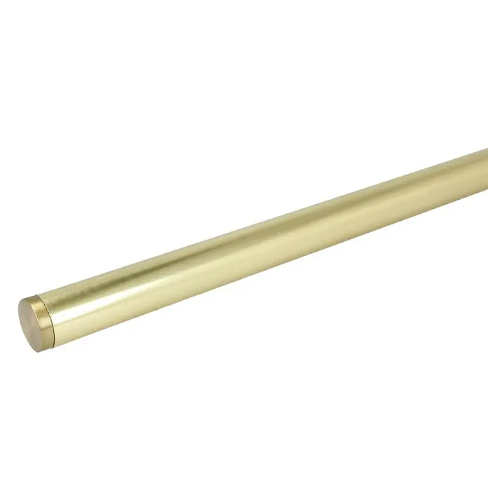 Expo Ambiente Endstück Match - Messingoptik matt, Geeignet für: Gardinenstangen Ø 25 mm, 2 Stk. - Nahaufnahme einer glänzenden, goldenen Metallstange, die ein Gefühl von Luxus und Qualität vermittelt.