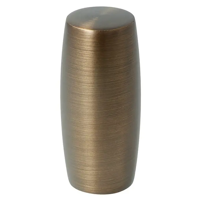 Expo Ambiente Endstück Cubus - Bronze, Geeignet für: Gardinenstangen Ø 25 mm - Dieses Bild zeigt einen zylindrischen Beistelltisch aus glänzendem, goldfarbenem Metall mit horizontalen Schleifspuren und abgerundeter Oberseite.