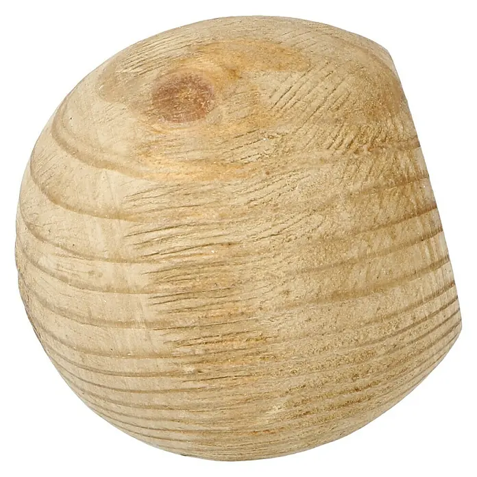 Expo Ambiente Endstück Ball - Eiche, Geeignet für: Gardinenstangen Ø 28 mm - Nahaufnahme eines runden Holzknaufs mit deutlichen Holzmaserungen und einem Astloch, ideal für Möbelrestaurationen.