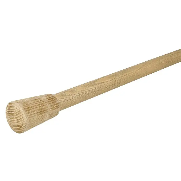 Expo Ambiente Endstück Noble - Eiche, Geeignet für: Gardinenstangen Ø 28 mm - Nahaufnahme eines Holzstiels mit einem abgerundeten Griffstück, das die natürliche Maserung des Holzes hervorhebt. Ideal für Werkzeuge und Handwerkskunst.