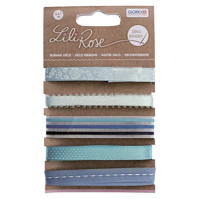 Glorex Bastelband - 5 -tlg., Blau, 100 cm - Lili Rose Dekobänder Set mit verschiedenen Designs und Farben. Ideal zum Basteln und Dekorieren von Geschenken und Projekten.