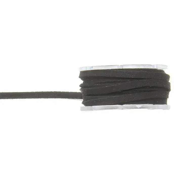 Glorex Bastelband Leder - L x B: 2 m x 3 mm, Velour-Leder, Schwarz - Schwarze, flache Wildlederimitat-Kordel auf transparenter Spule.