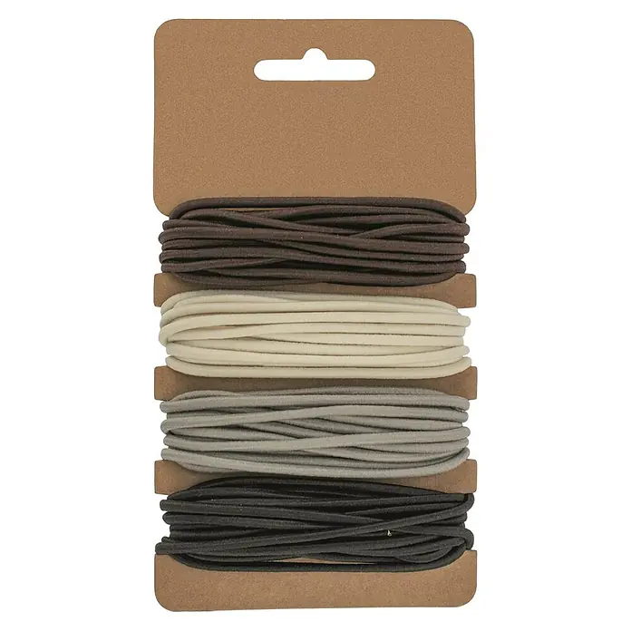 Glorex Bastelband Gummi - 4 -tlg., Mehrfarbig, 300 cm - Verschiedenfarbige elastische Kordeln auf einer Papphalterung, ideal zum Basteln und für DIY-Projekte.