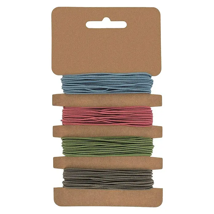 Glorex Bastelband Gummi - 4 -tlg., Blau, Pink, Grün, Grau, 300 cm - Vielfältiges Set elastischer Schnüre in vier verschiedenen Farben auf Spulen, ideal für Schmuckherstellung und Bastelarbeiten.