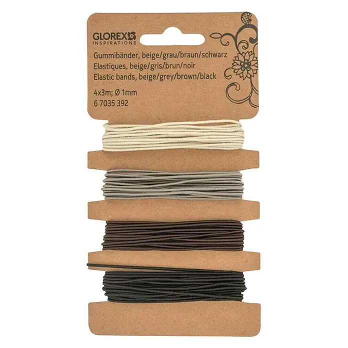 Glorex Bastelband Gummi - 4 -tlg., Beige, Grau, Braun, Schwarz, 300 cm - Gummibänder Set: beige, grau, braun und schwarz. Ideal zum Basteln und für kreative Projekte. Vielseitig und elastisch.