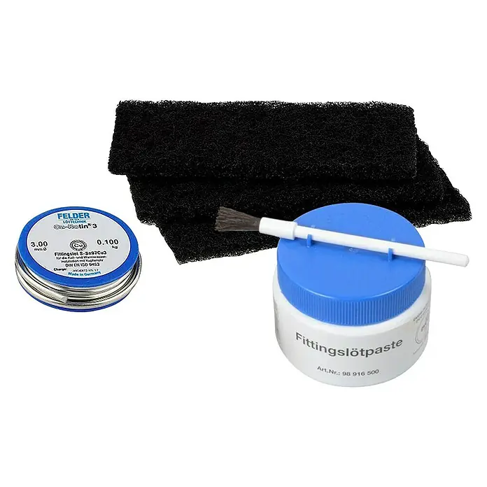 Kirchhoff Löt-Set - 1 Stk. - Bild von Flussmittelpaste, Lötzinn und Reinigungsfiltern für Lötprojekte.