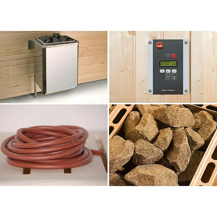Weka Saunaofen Set 2 - 9 kW, Raumheizvermögen: 10 m³ - 14 m³ - Saunaofen, Steuerung, Heizschlauch und Saunasteine. Die perfekte Ausstattung für entspannende Saunaerlebnisse, um die Wärme optimal zu speichern.