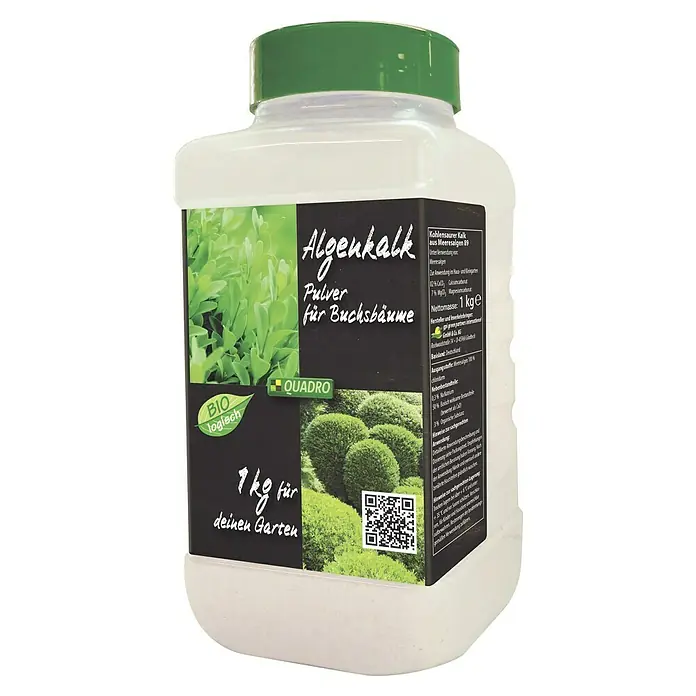 Algenkalk - 1 kg - Algenkalk für Buchsbäume, ein biologisches Produkt zur Pflege und Stärkung von Buchsbäumen, verpackt in einer 1 kg Dose mit grünen Akzenten.