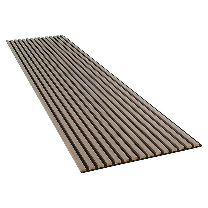 FibroTech Akustikpaneel Unika 25 - Walnut, 2.440 x 600 x 22 mm - Ein Holzpaneel mit Lattenstruktur, ideal für moderne Wandverkleidungen und Akustikverbesserung in Innenräumen.