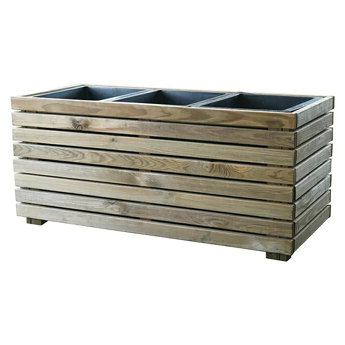 Cerland Macetero para plantas Horizon - Dimensiones externas (L x An x Al): 90 x 40 x 40 cm, Madera, Natural - Jardinera de madera con tres contenedores. La estructura exterior está hecha de madera de color claro, dando a la jardinera un aspecto natural.