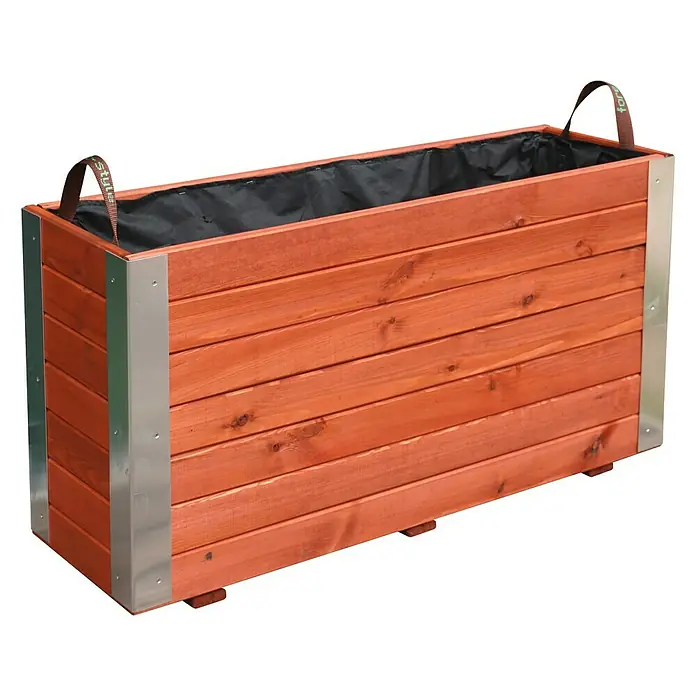 Cerland Macetero para plantas Bambou - Dimensiones externas (L x An x Al): 100 x 30 x 50 cm, Madera, Teca - Una jardinera rectangular de madera con esquinas metálicas y asas, ideal para un jardín o patio.