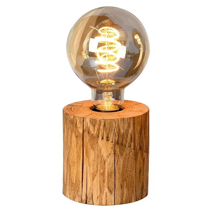 Spotlight Deko-Tischleuchte Trabo Table25 W, Braun, E27 - Nahaufnahme einer rustikalen Tischlampe mit einem Holzfuß und einer Edison-Glühbirne, die ein warmes Licht ausstrahlt.