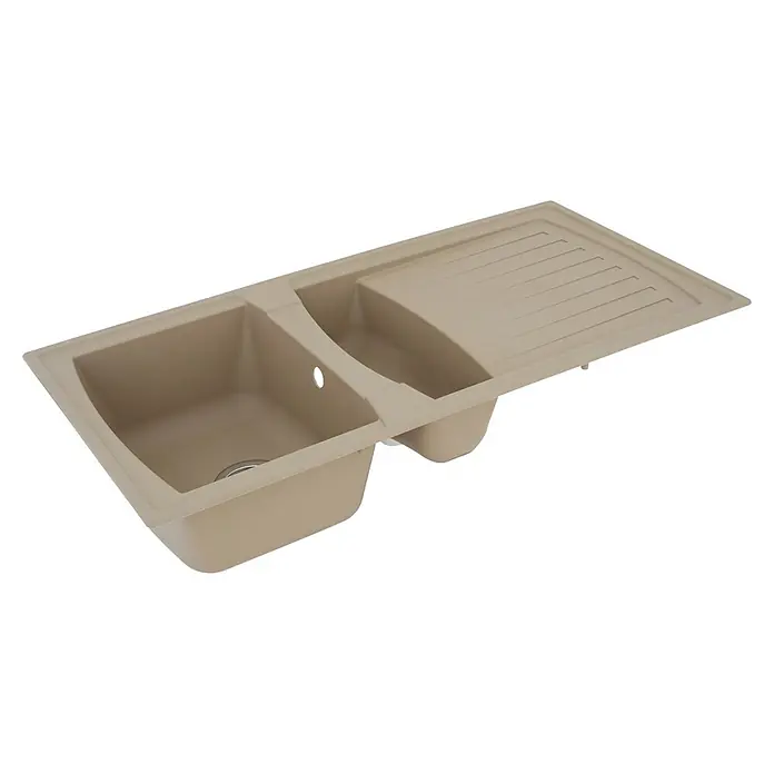 Respekta Einbauspüle Boston - 100 x 50 cm, Sandbeige - Sandfarbene Doppelspüle mit Abtropffläche, ideal für moderne Küchen. Das Design bietet praktische Funktionalität.