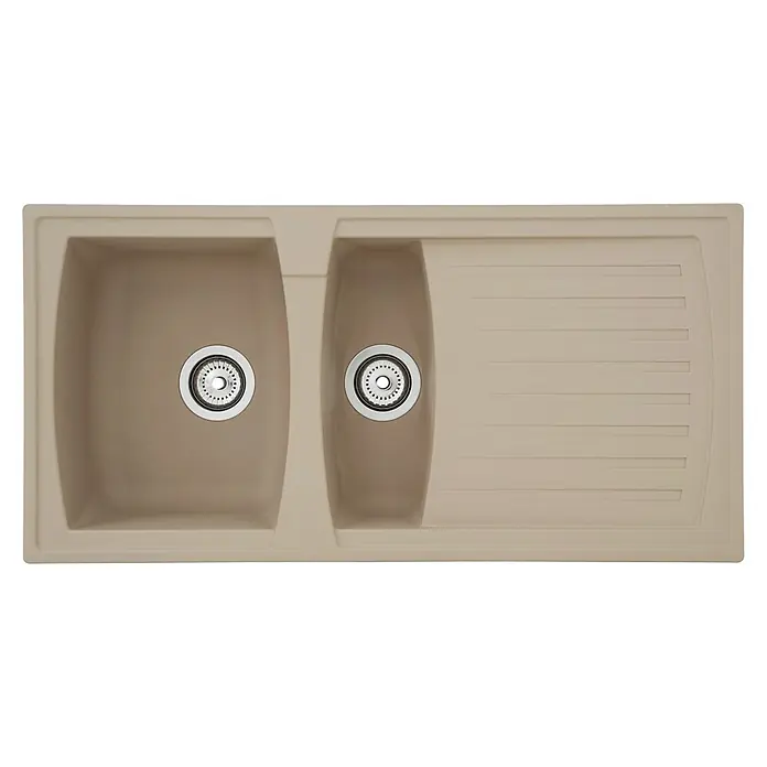 Respekta Einbauspüle Boston - 100 x 50 cm, Sandbeige - Eine Spüle mit zwei Becken und Abtropffläche, ideal für moderne Küchen, aus robustem Material in Beige.