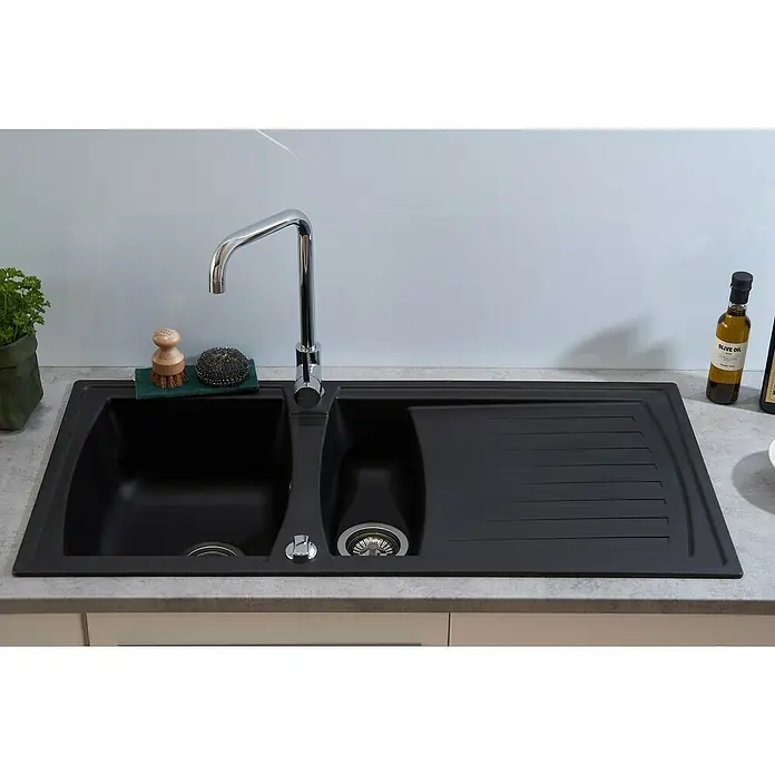 Respekta Einbauspüle Boston - 100 x 50 cm, Schwarz - Schwarze Spüle mit Abtropffläche, Armatur, Spülbürste und Ölflasche. Ideal für moderne Küchen mit praktischer Ausstattung.