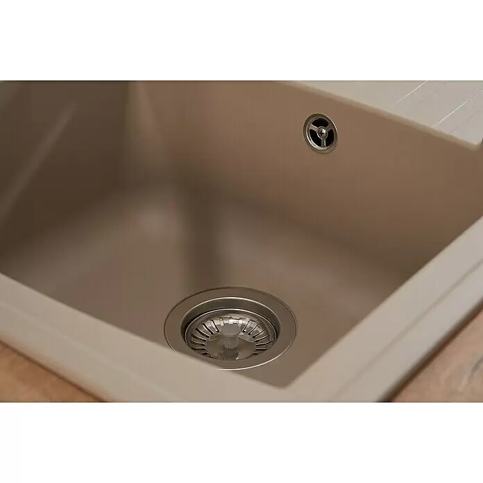 Respekta Einbauspüle Boston - 86 x 50 cm, Sandbeige - Beigefarbene Spüle aus Verbundmaterial mit Edelstahl-Hauptabfluss und kleinerem Überlauf.